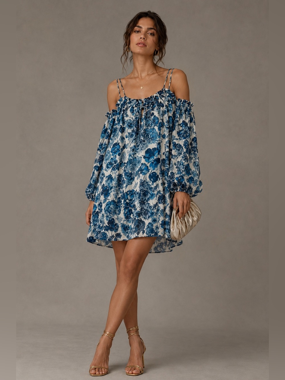 Anthropologie Bailey 44 Blue White Floral Longsleeve Chiffon Daydream Mini Dress